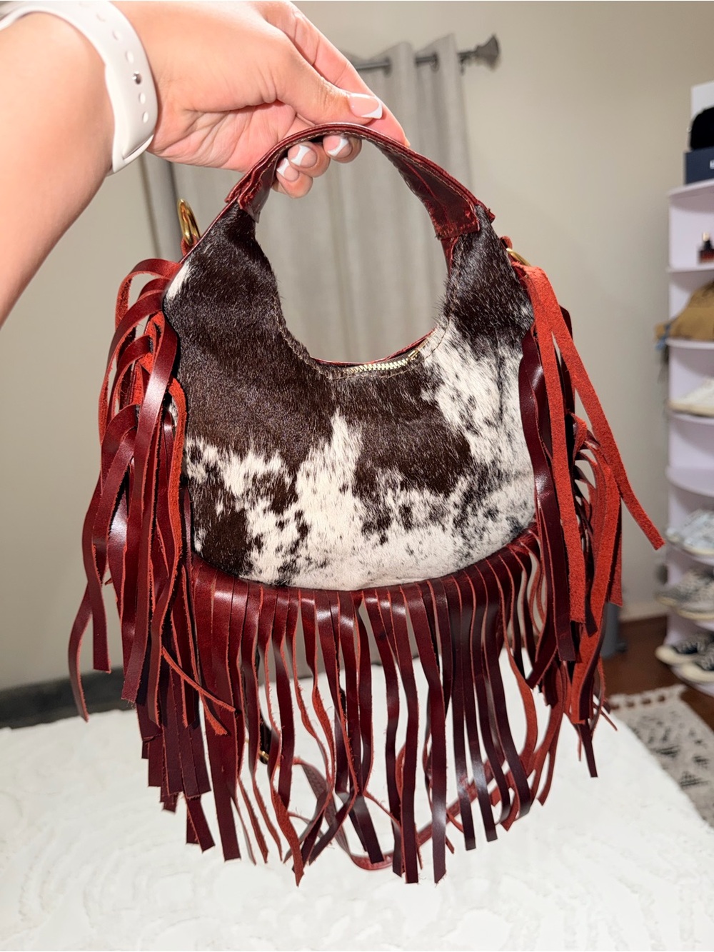 Handmade Fringe Leather & Cowhide Hobo Bag in Brown and White